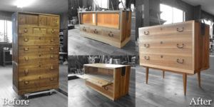 三つ重ねの桐たんすからTV台、飾棚、四つ脚のチェストに再生