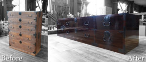 時代箪笥をカシュ―塗の横長リビングボードに再生