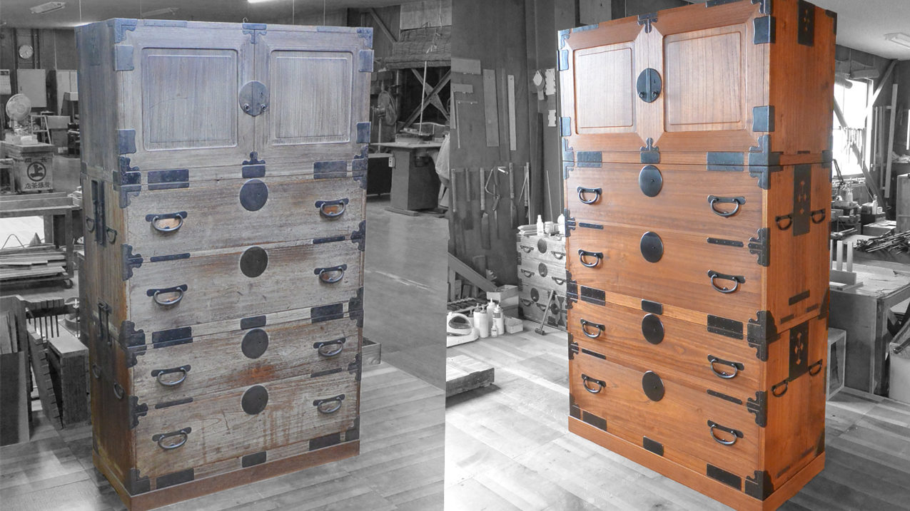 三つ重ねの時代箪笥をオイル仕上げに変えて復元再生